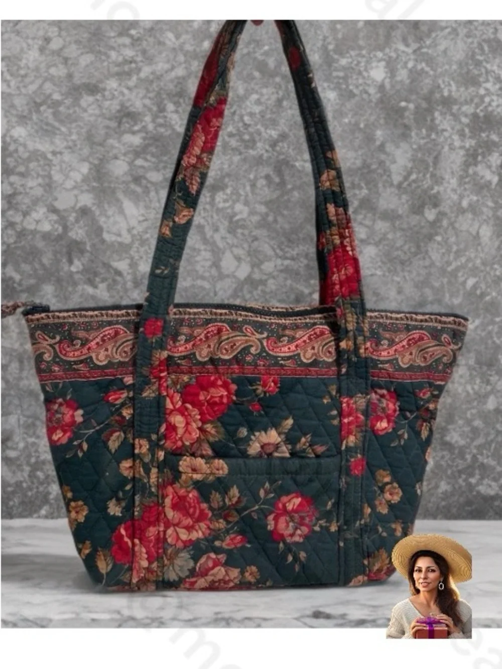 80s Vintage Vera Bradley Greenbriar Red Roses Quilted Floral Tote Shoulder Bag